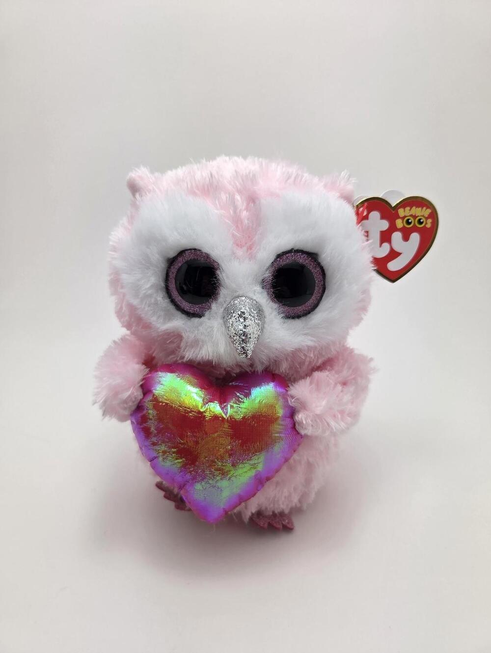 Ty Beanie Boo “Whisper” the Pink Owl Holding Heart (6 inch)